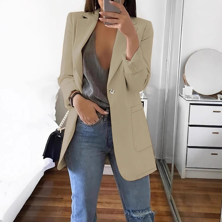 Elegant women's blazer jacket with shiny button details and spacious pockets Lune London