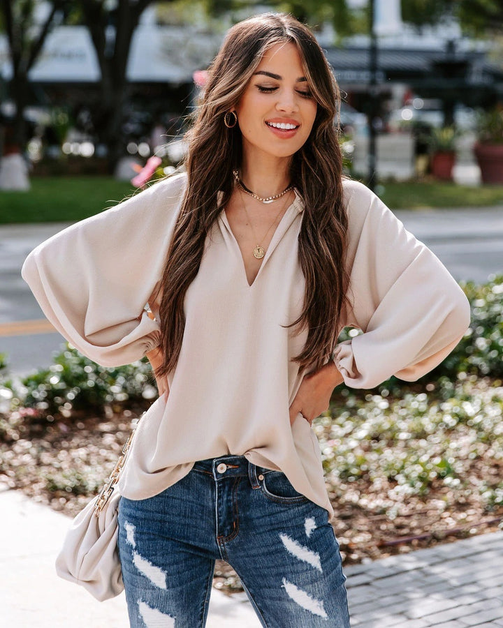 Blouse women with deep V-neck and elegant puff sleeves Lune London