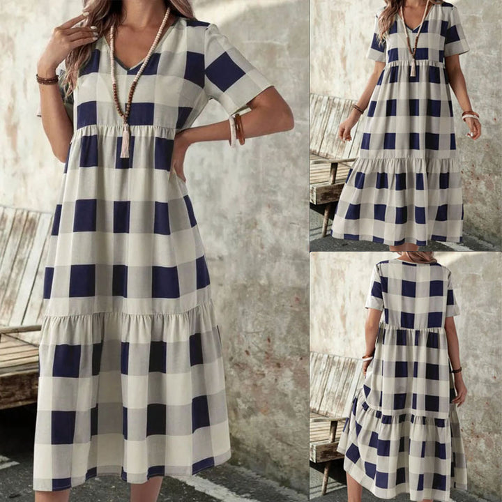 Long plaid patterned long sleeve dress for women with a flowy fit Lune London