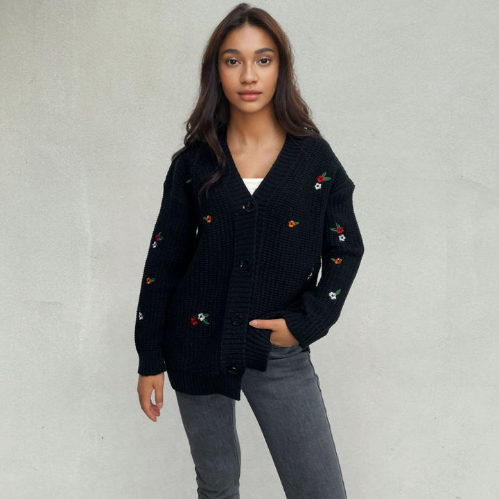 Knit jacket for women with embroidered floral design Lune London