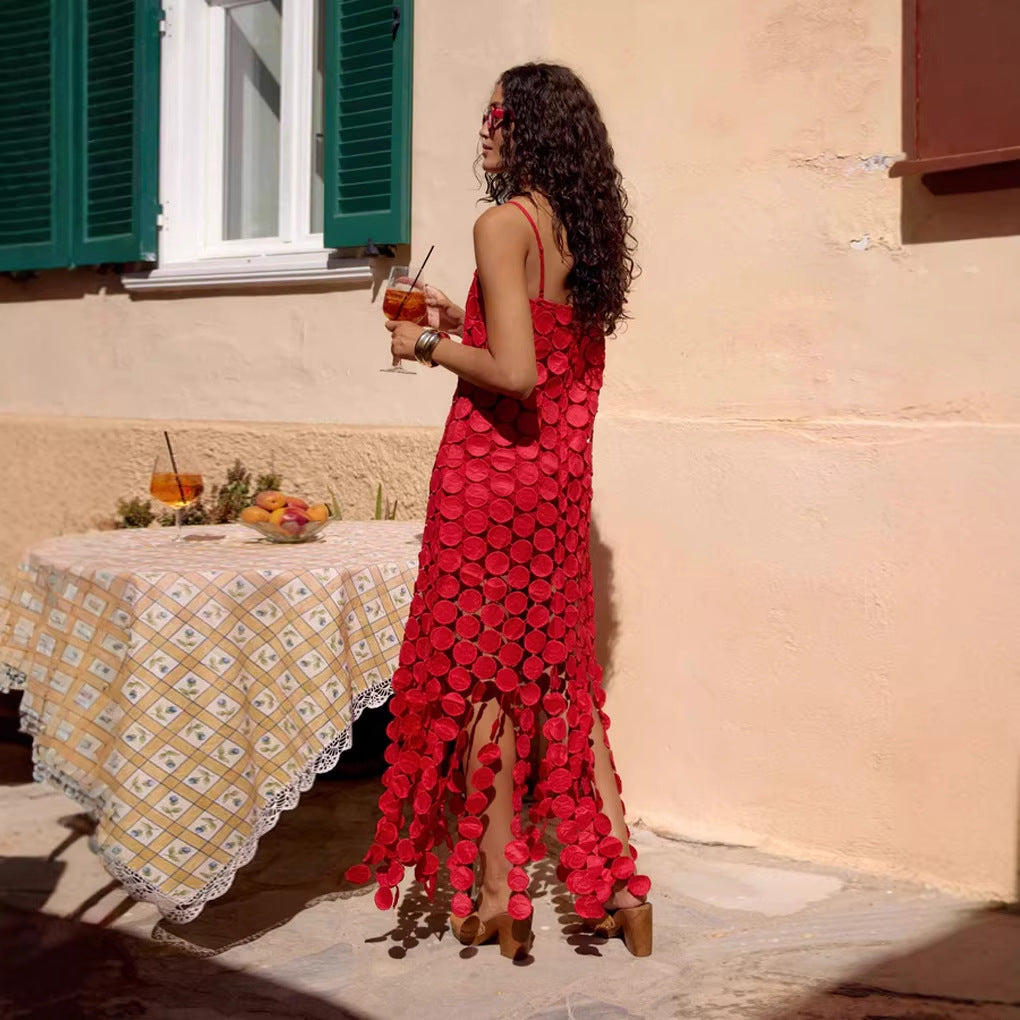 Women's maxi dress with decorative crochet applications and side slits Lune London