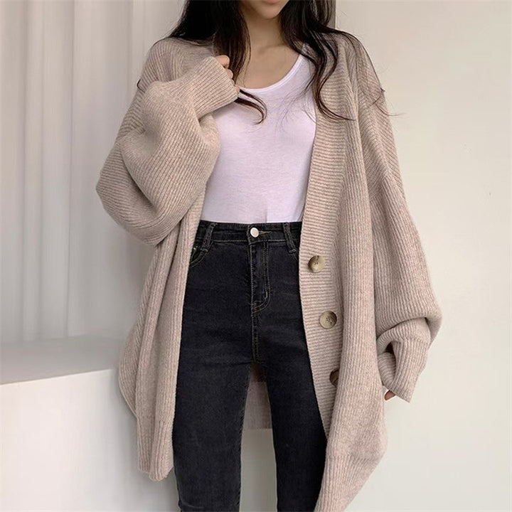 Ladies comfortable oversized knit cardigan with large buttons Lune London