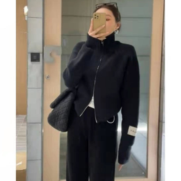 Knitted jacket for women with high-quality zipper and stand-up collar Lune London