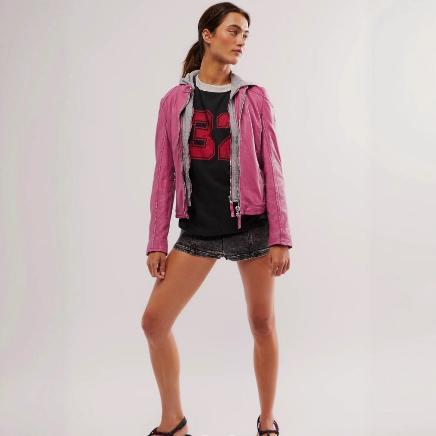 Ladies stylish leather jacket with removable hood Lune London