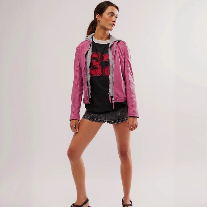 Ladies stylish leather jacket with removable hood Lune London