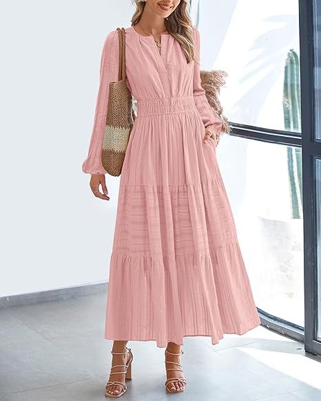 Maxi dress for women with elegant sleeves and refined elastic at the waist Lune London