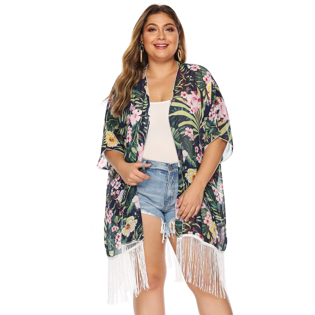 Ladies-Kimono with floral print and fringes Lune London