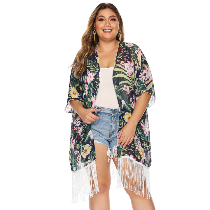 Ladies-Kimono with floral print and fringes Lune London