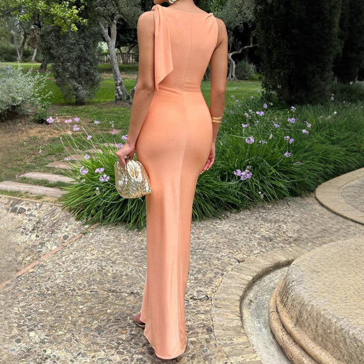 Ladies Elegant Maxi Dress with Asymmetric Strap and Fitted Cut Lune London