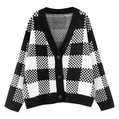 Ladies chunky knit cardigan with contrasting check pattern and button details Lune London