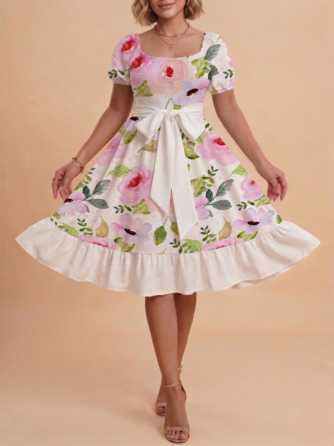 Women A-line dress with floral motifs and adjustable belt Lune London