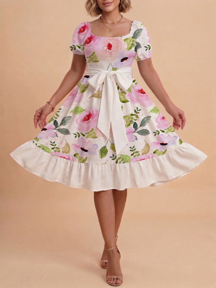 Women A-line dress with floral motifs and adjustable belt Lune London