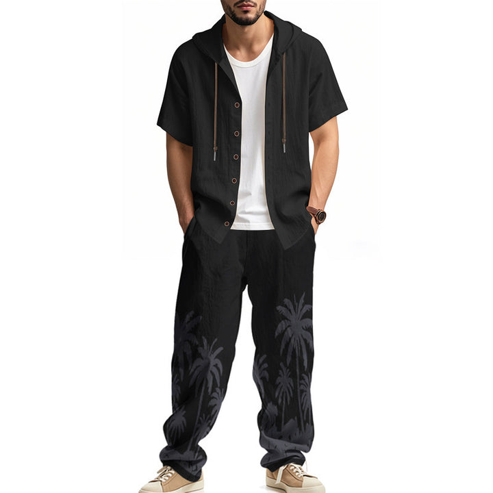 Casual outfit for men with t-shirt and hoodie pants with a trendy palm print Lune London
