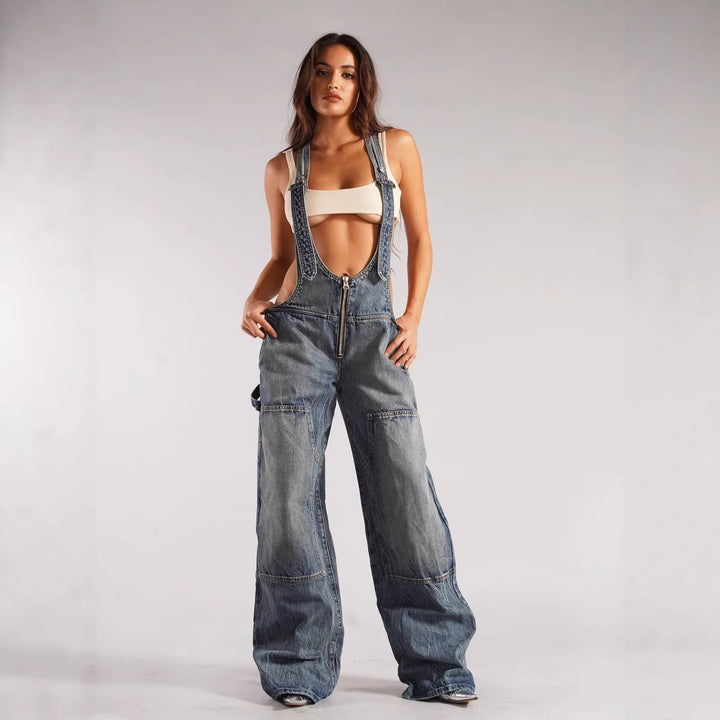 Women's Casual Denim Overall with Oversized Cut and Practical Pockets Lune London