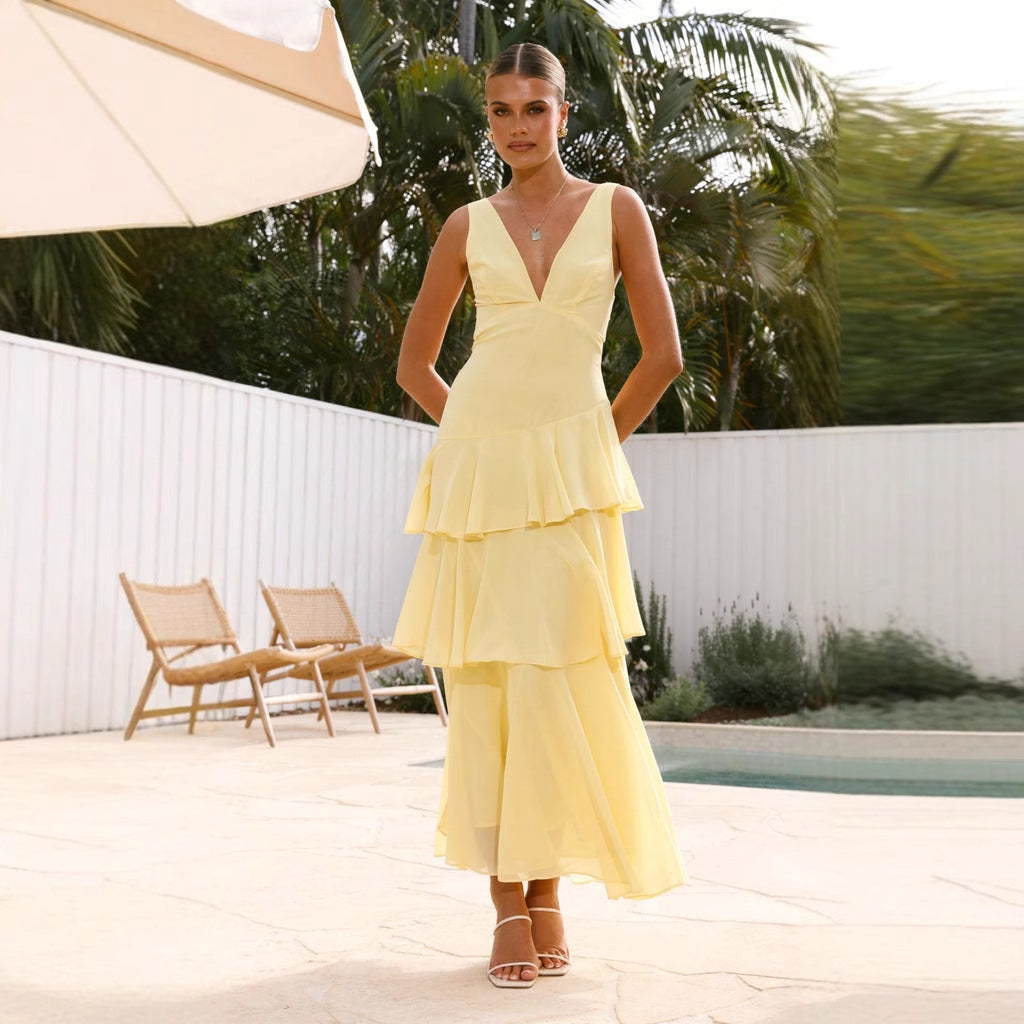 Maxi dress for women with asymmetrical ruffles and elegant V neck Chic & Stil