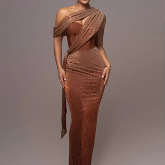 Women's Glamorous Maxi Evening Dress with Asymmetrical Neckline and Shimmering Draping Design