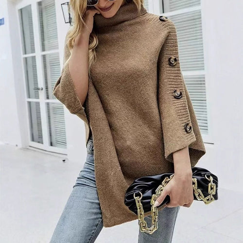 Lady knit poncho with high collar and decorative buttons Lune London