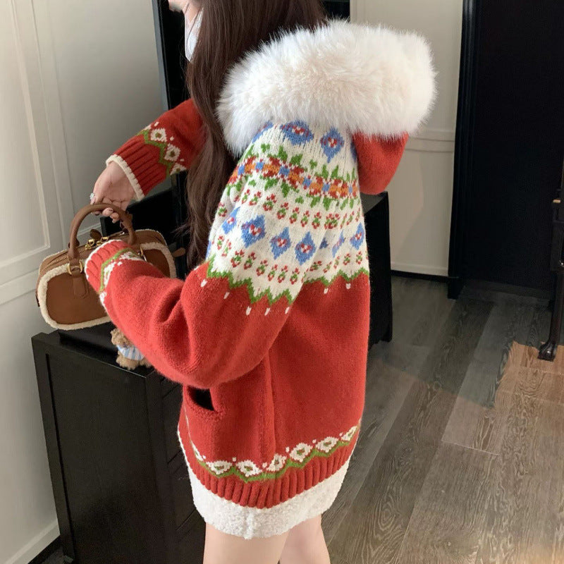 Cardigan pour femmes avec motif norvégien tendance et col en fausse fourrure luxueuse Chic & Stil