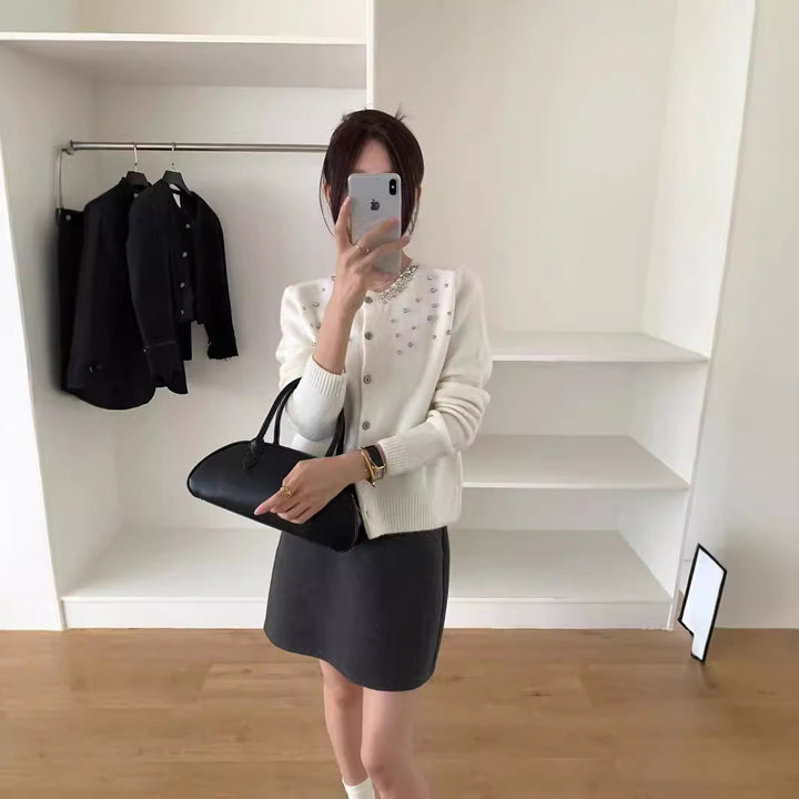 Knit jacket for women with elegant pearl appliqués and a classic round collar Lune London