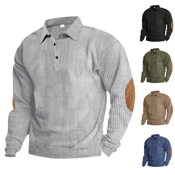 Casual long sleeve Henley T-shirt for men in textured ribbed fabric with contrasting elbow patches Lune London