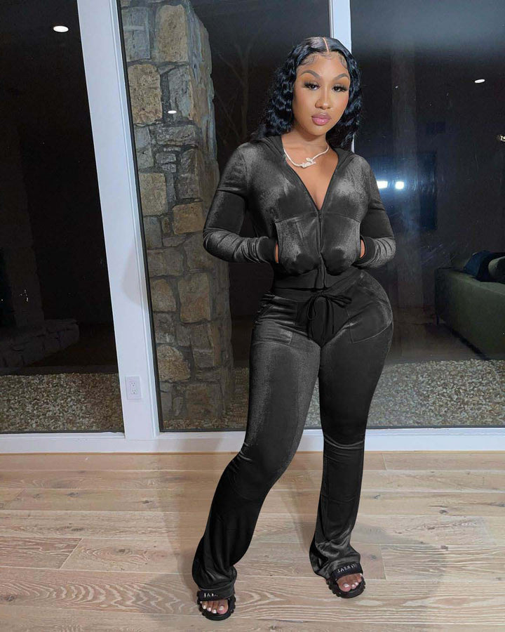 Ladies Sporty Velvet Jumpsuit with Hood and Chic Pockets