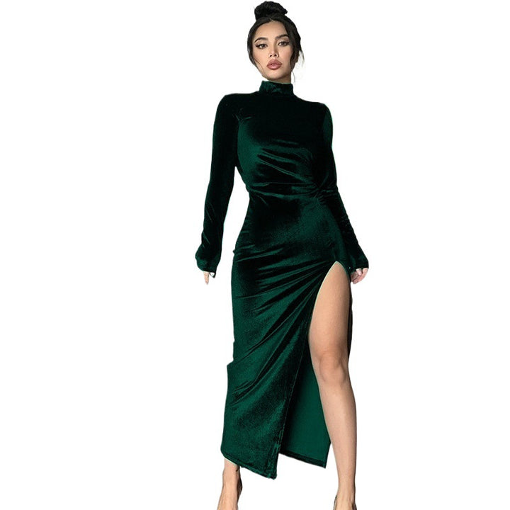 Ladies Elegant Velvet Maxi Dress with High Slit and Long Chic Sleeves