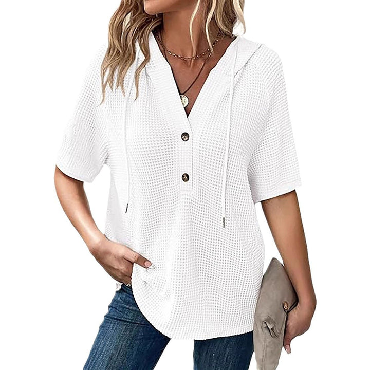 Short-sleeve blouse with embossed structure for ladies with hood and button placket Lune London