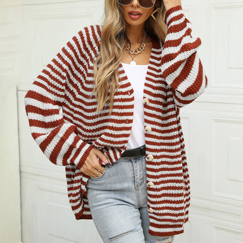 Ladies chunky knit cardigan with trendy striped pattern and wide sleeves Lune London