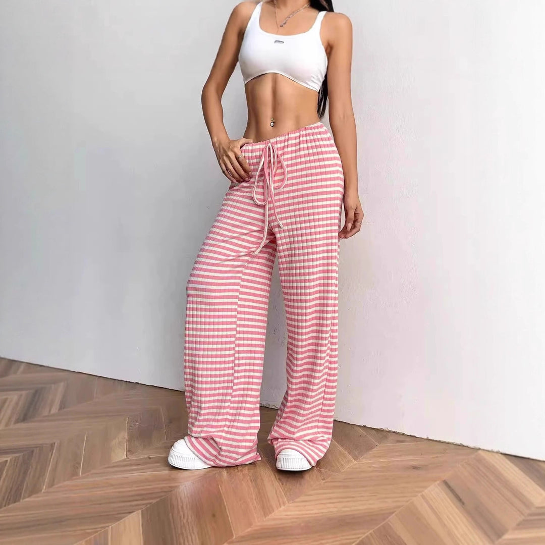 Wide striped palazzo pants in lightweight cotton for women with tie belt Lune London