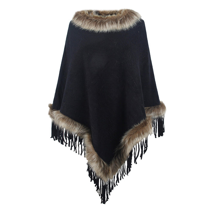 Ladies elegant poncho with luxurious faux fur collar and decadent fringes Lune London