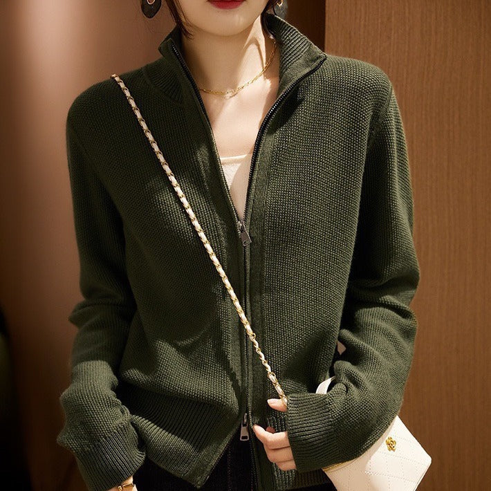 Knit jacket for women with high collar and full zipper Lune London