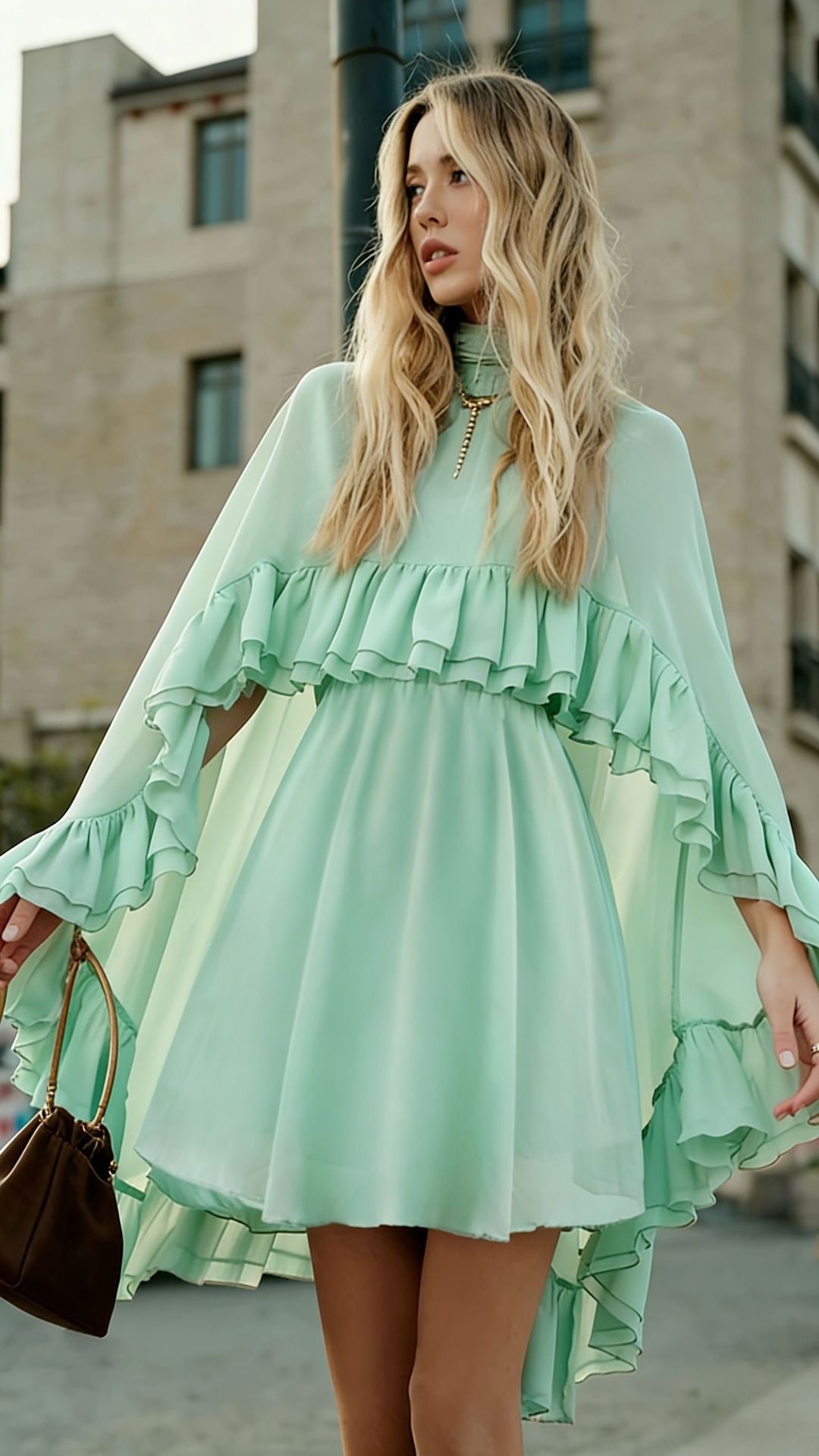 Women Elegant Ruffle Dress with High Neckline and Flowing Cut Lune London