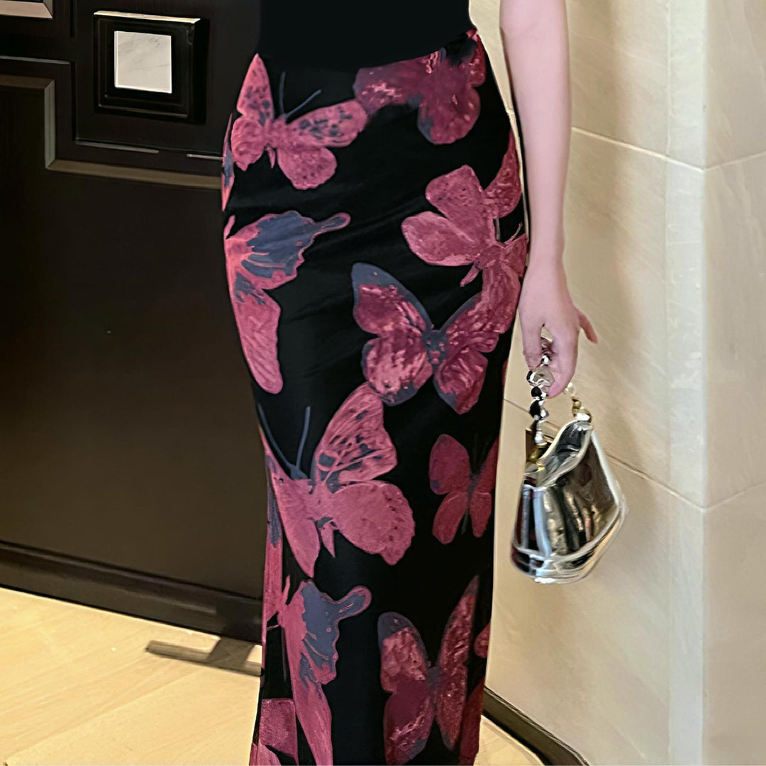 Ladies Elegant Maxi Dress with Floral Butterfly Patterns and Transparent Hem