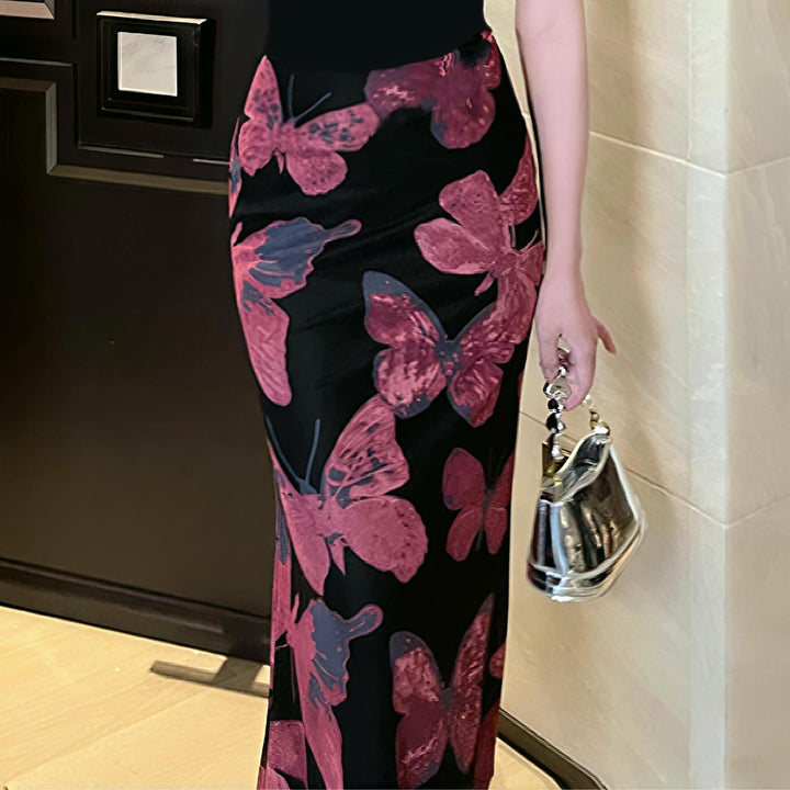 Ladies Elegant Maxi Dress with Floral Butterfly Patterns and Transparent Hem
