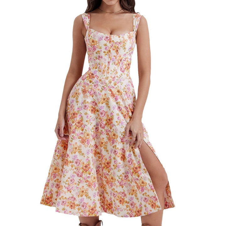 Elegant summer dress for women with floral accents and high slits Chic & Stil