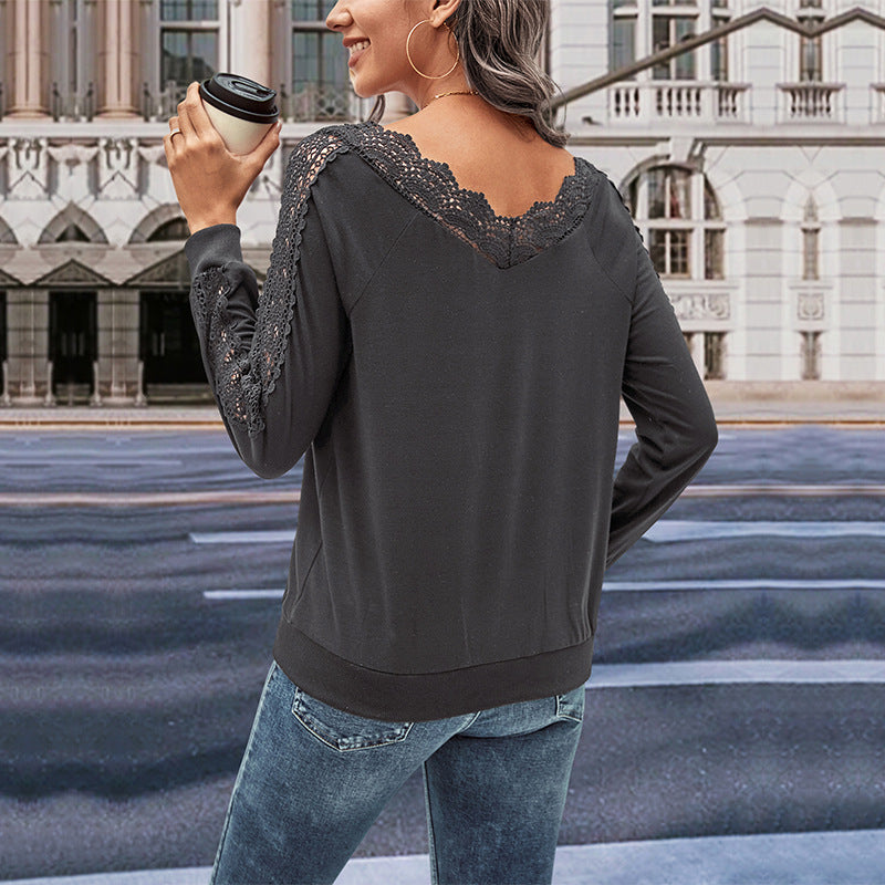 Women's long sleeve blouse with lace decorations and V-neck Lune London