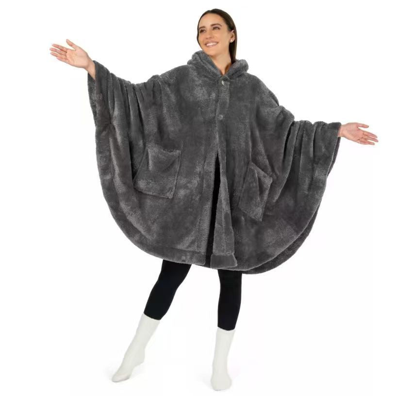 Ladies Comfortable Fleece Poncho with Hood and Practical Pockets Lune London