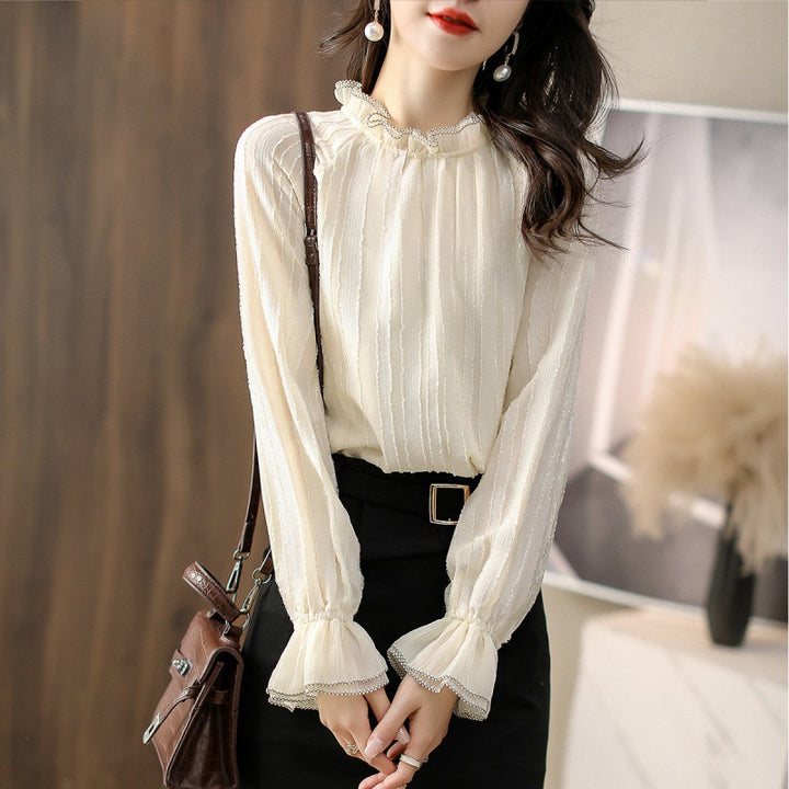 Ruffled high neck blouse for women with sheer sleeve details Lune London