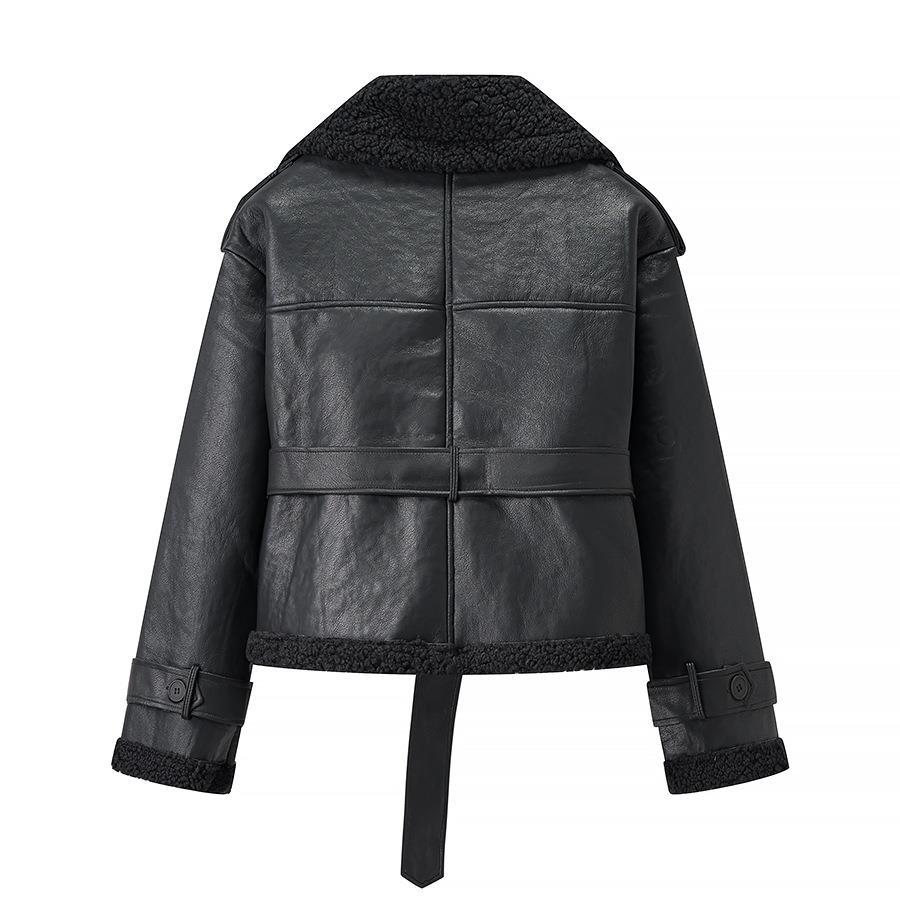 Faux leather jacket for women with teddy lining and adjustable belt Lune London