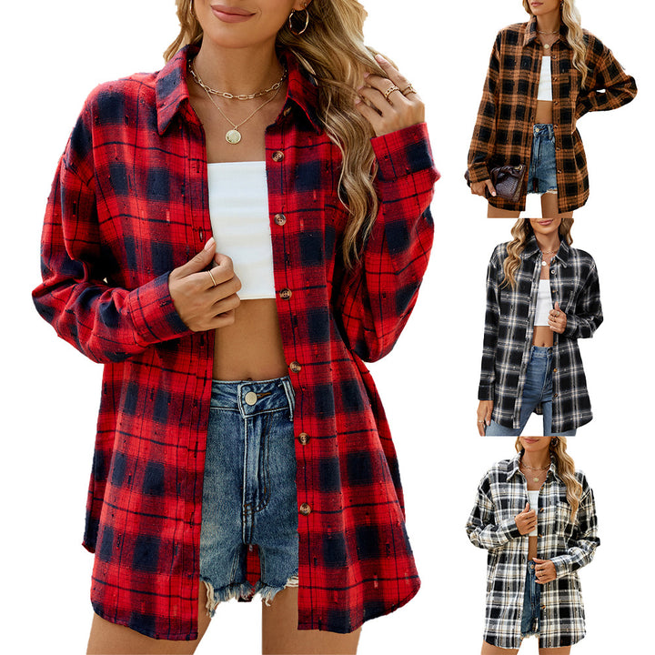 Ladies Flannel Check Shirt with Relaxed Fit and Wooden Details Lune London