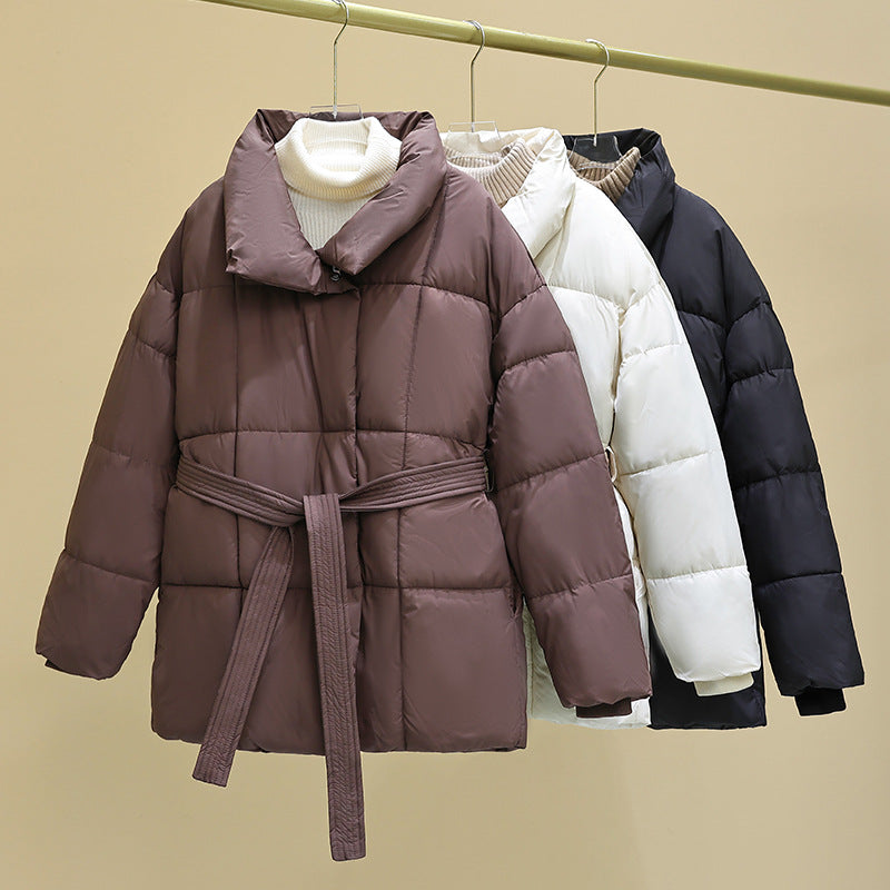 Ladies trendy quilted jacket with belt and high collar Lune London