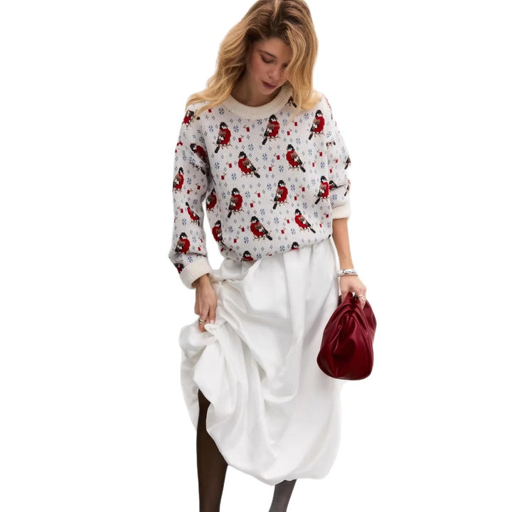 Dames Pull Confortable avec Motif Festif de Petits Oiseaux Chic & Stil