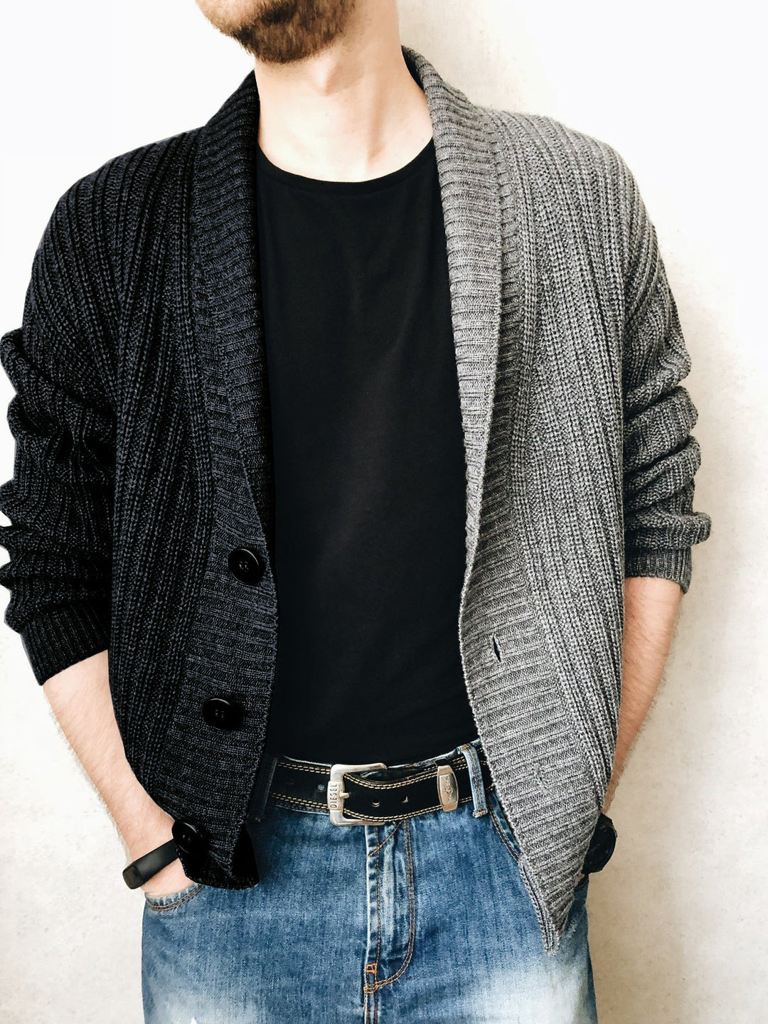 Men's knitted jacket with textured surface and modern buttons Lune London