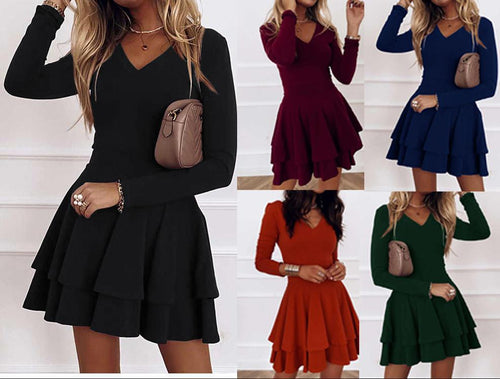 Women's V-Neck Dress with Voluminous Skirt and Long Sleeves Lune London