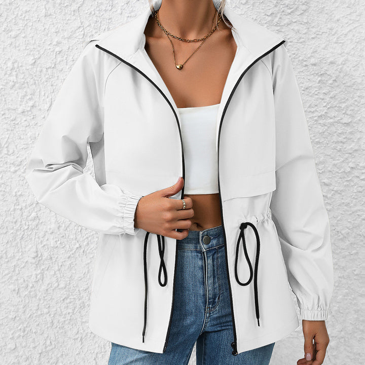 Multifunctional transition jacket for women with adjustable drawstring and elastic sleeve edges Lune London