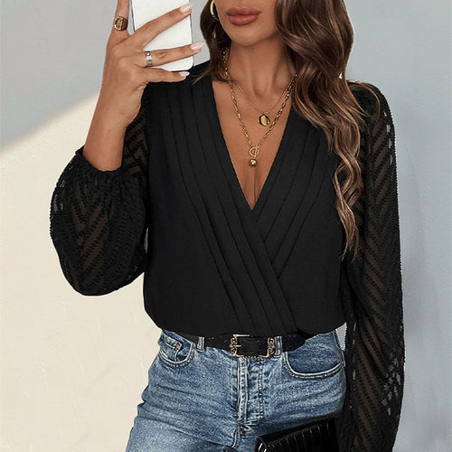 Women's Wrap Blouse with Fine Pleated Details and Transparent Sleeves Lune London