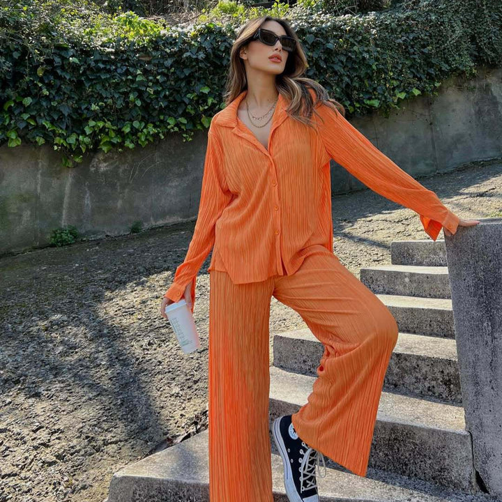 Lune London two-piece casual outfit for women with continuous button placket and wide legs