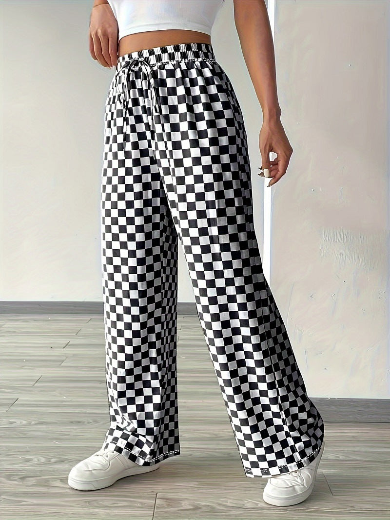 Lune London | Women's Wide Casual Pants with Checkered Pattern and Elastic Waistband