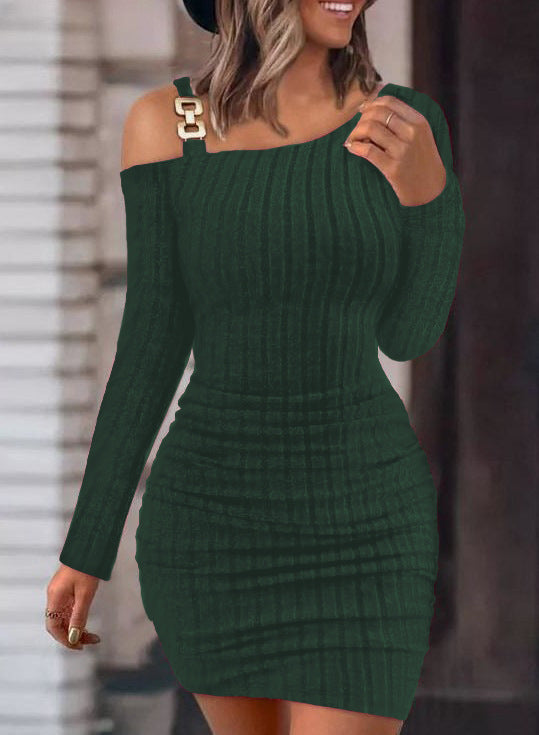 Knitted bodycon dress for women with an asymmetrical shoulder design and decorative accents Lune London
