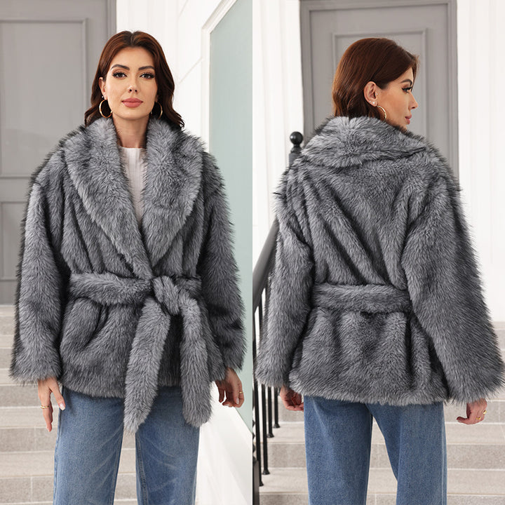 Ladies Elegant Faux Fur Coat with Belt and Wide Lapels Lune London